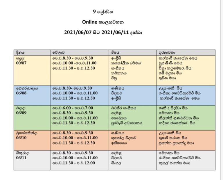 Online Class Grade 8 Time Table 0711th May Harischandra College